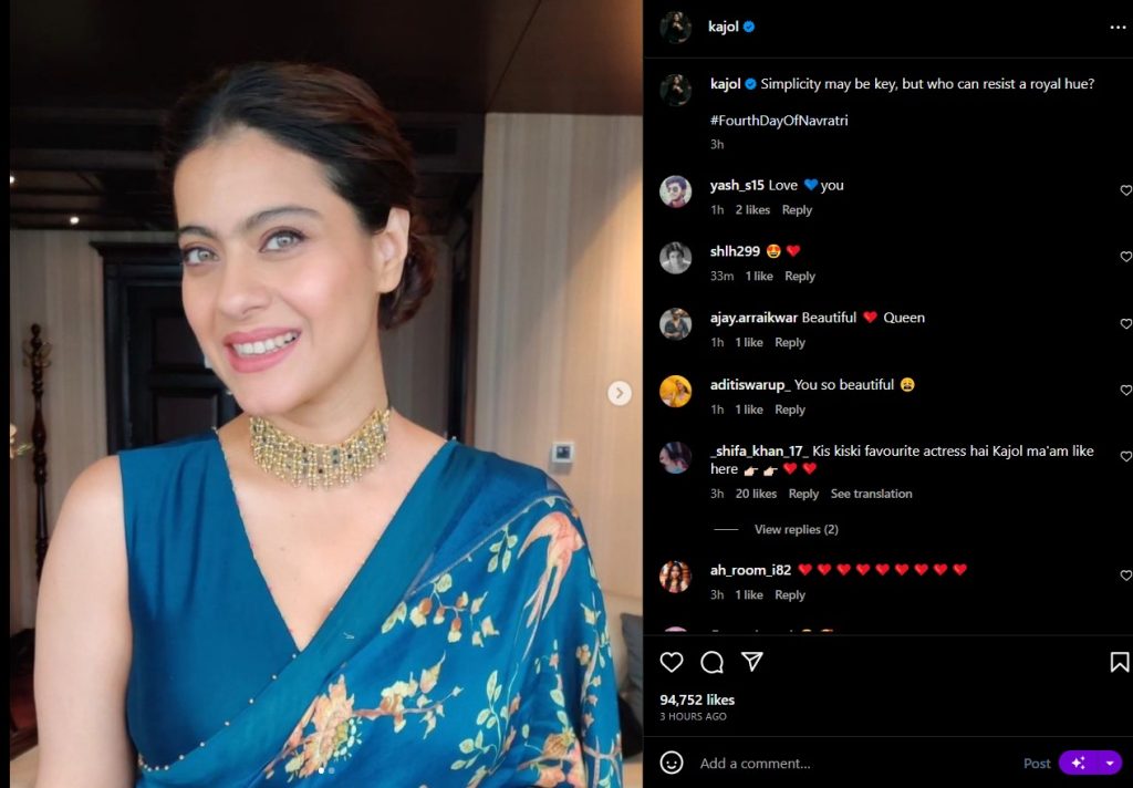 Kajol Royal Blue Saree Elegance Shines During Navratri